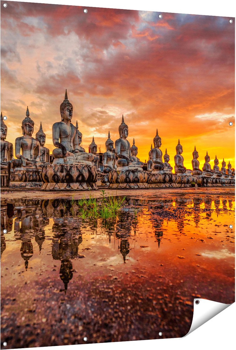 Gards Tuinposter Boeddha Beelden tijdens Zonsondergang - 120x150 cm - Tuindoek - Tuindecoratie - Wanddecoratie buiten - Tuinschilderij Multikleur
