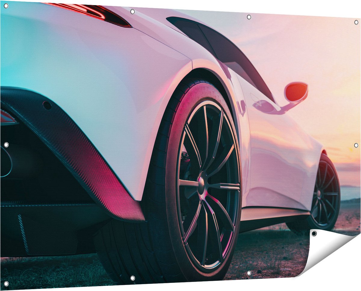 Gards Tuinposter Witte Sportwagen Auto - 150x100 cm - Tuindoek - Tuindecoratie - Wanddecoratie buiten - Tuinschilderij Multikleur