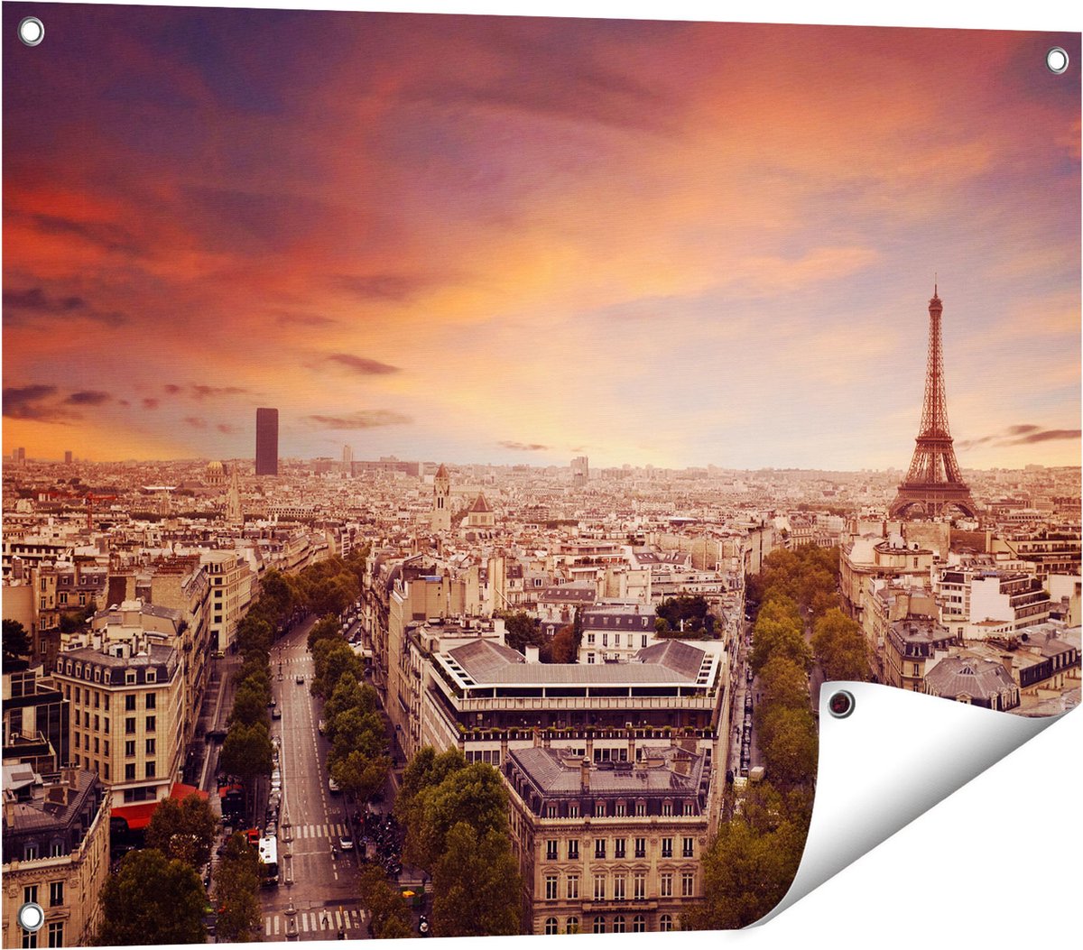 Gards Tuinposter Skyline Parijs met Eiffeltoren - 80x60 cm - Tuindoek - Tuindecoratie - Wanddecoratie buiten - Tuinschilderij Multikleur