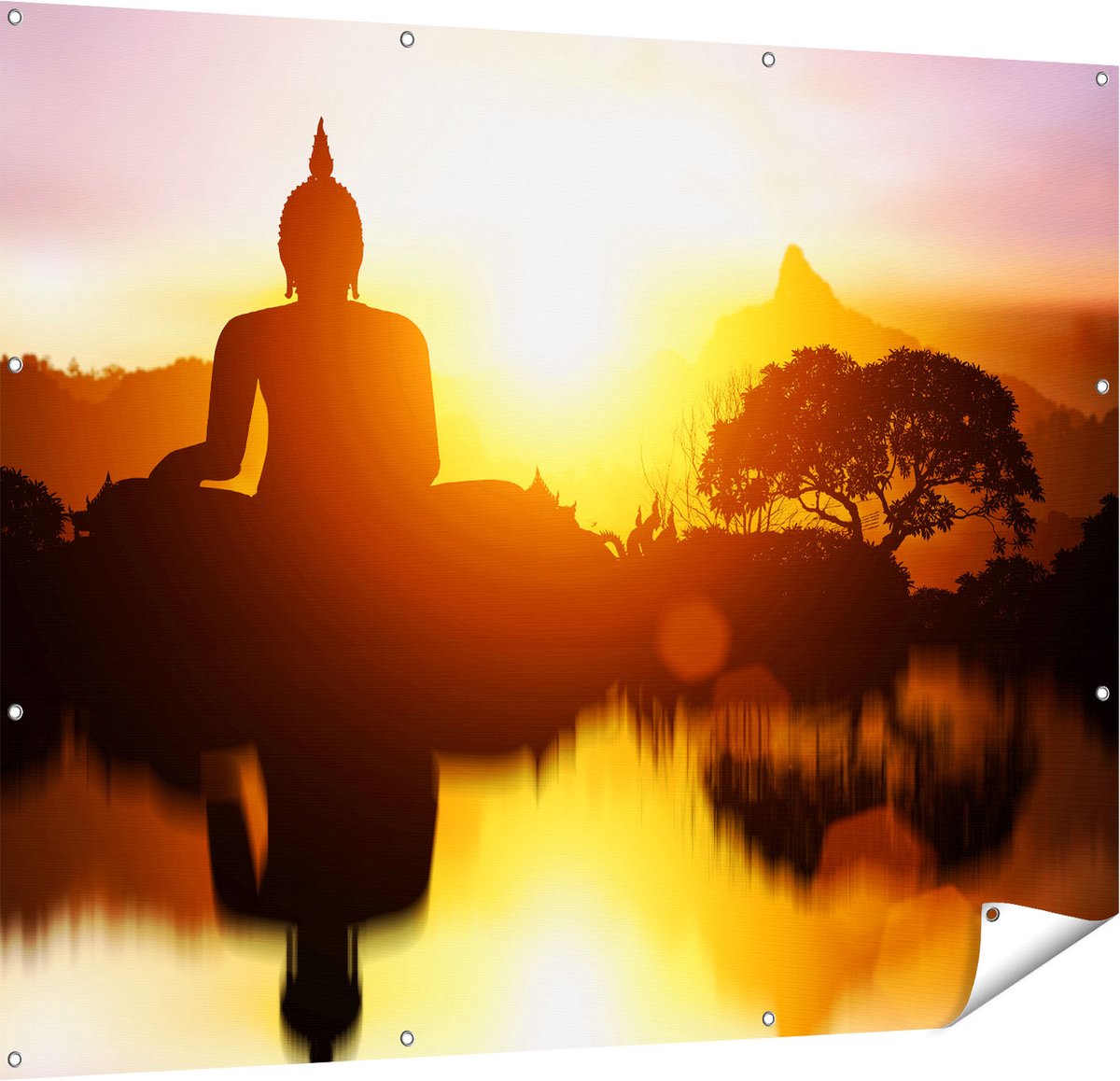 Gards Tuinposter Silhouet van Boeddha Beeld met Zonsondergang - 150x120 cm - Tuindoek - Tuindecoratie - Wanddecoratie buiten - Tuinschilderij Multikleur