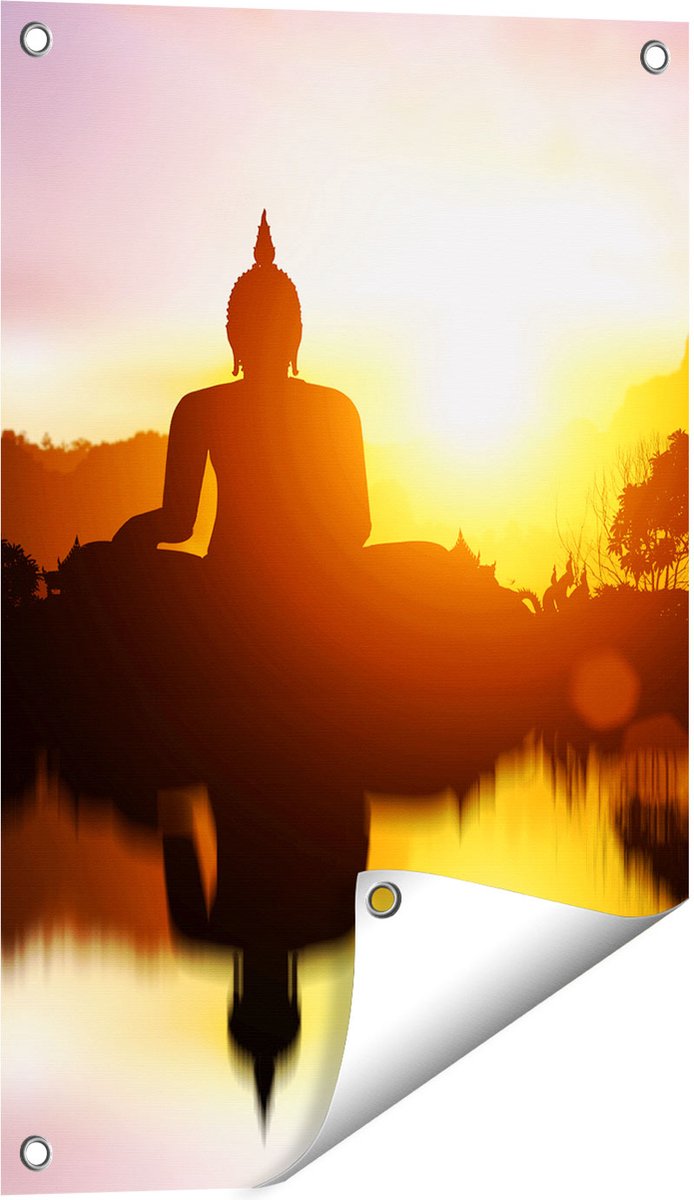 Gards Tuinposter Silhouet van Boeddha Beeld met Zonsondergang - 40x60 cm - Tuindoek - Tuindecoratie - Wanddecoratie buiten - Tuinschilderij Multikleur