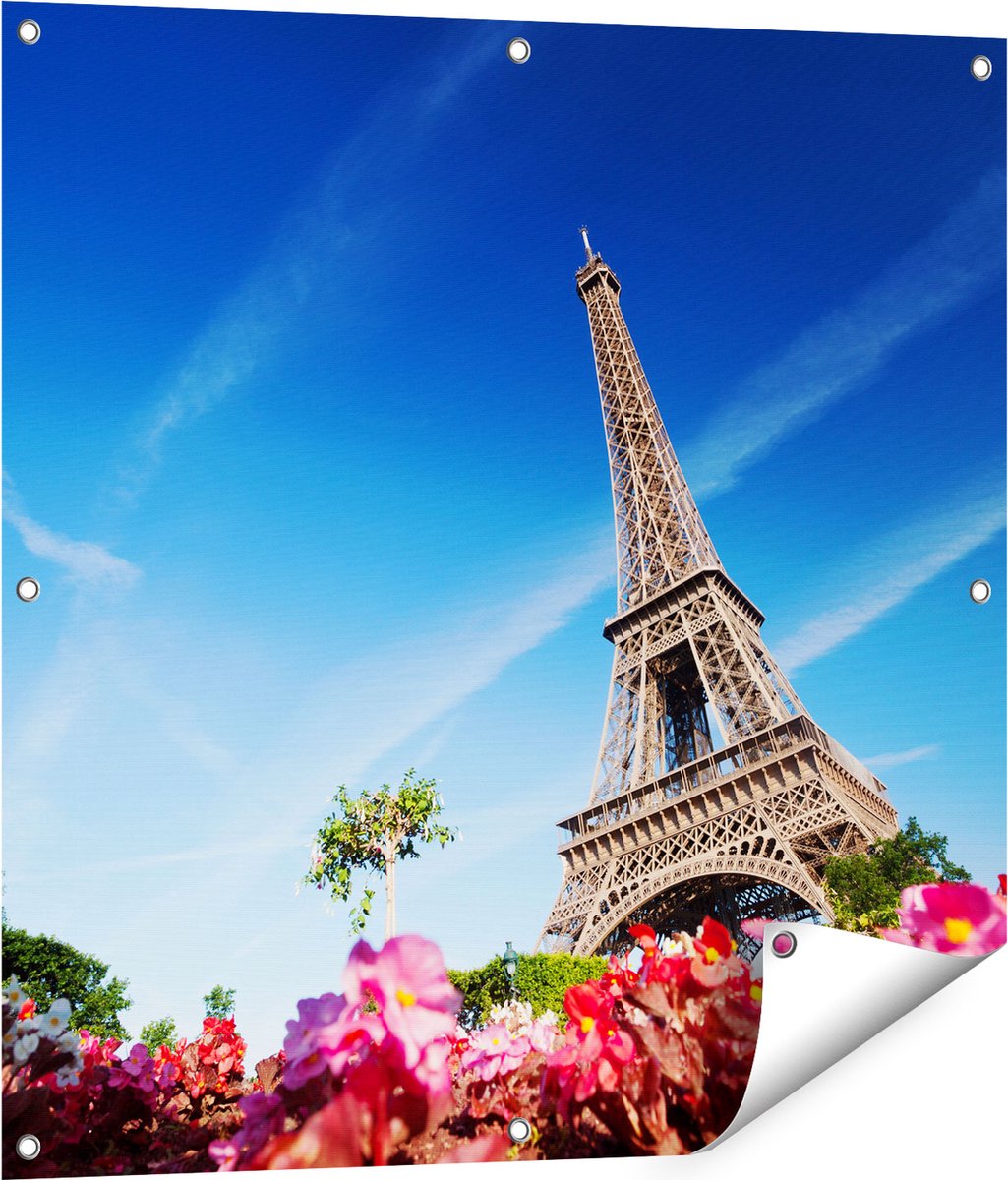 Gards Tuinposter Eiffeltoren in Parijs met Bloemen - 80x80 cm - Tuindoek - Tuindecoratie - Wanddecoratie buiten - Tuinschilderij Multikleur