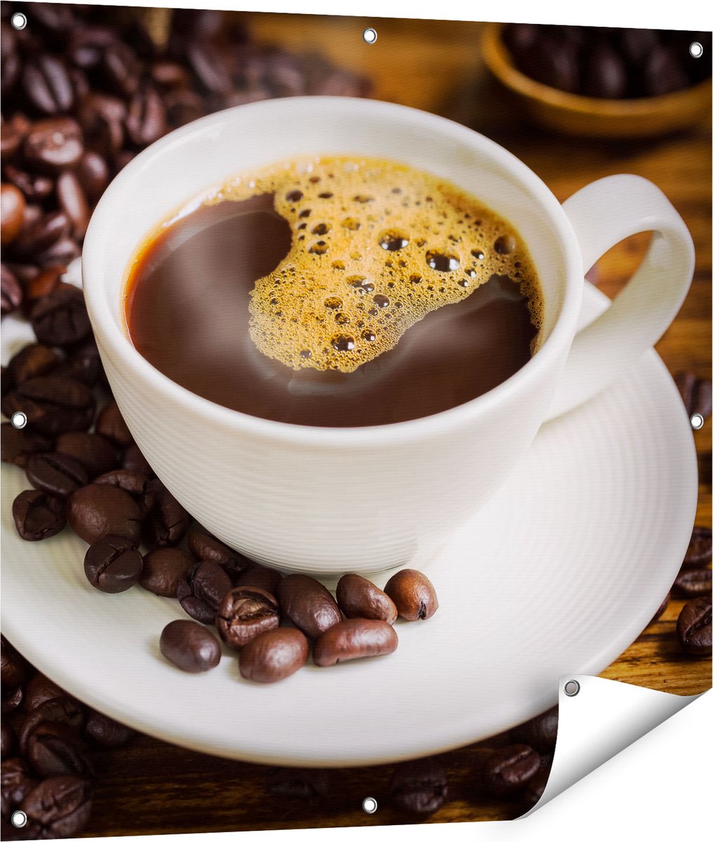 Gards Tuinposter Kopje Koffie met Koffiebonen - 90x90 cm - Tuindoek - Tuindecoratie - Wanddecoratie buiten - Tuinschilderij Multikleur