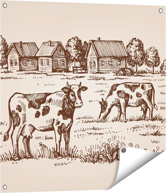 Gards Tuinposter Getekende Koeien op een Boerderij - Abstract - 70x70 cm - Tuindoek - Tuindecoratie - Wanddecoratie buiten - Tuinschilderij
