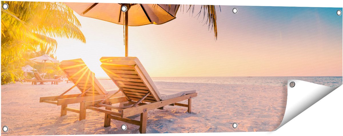 Gards Tuinposter Tropisch Strand tijdens Zonsondergang - 120x40 cm - Tuindoek - Tuindecoratie - Wanddecoratie buiten - Tuinschilderij Multikleur