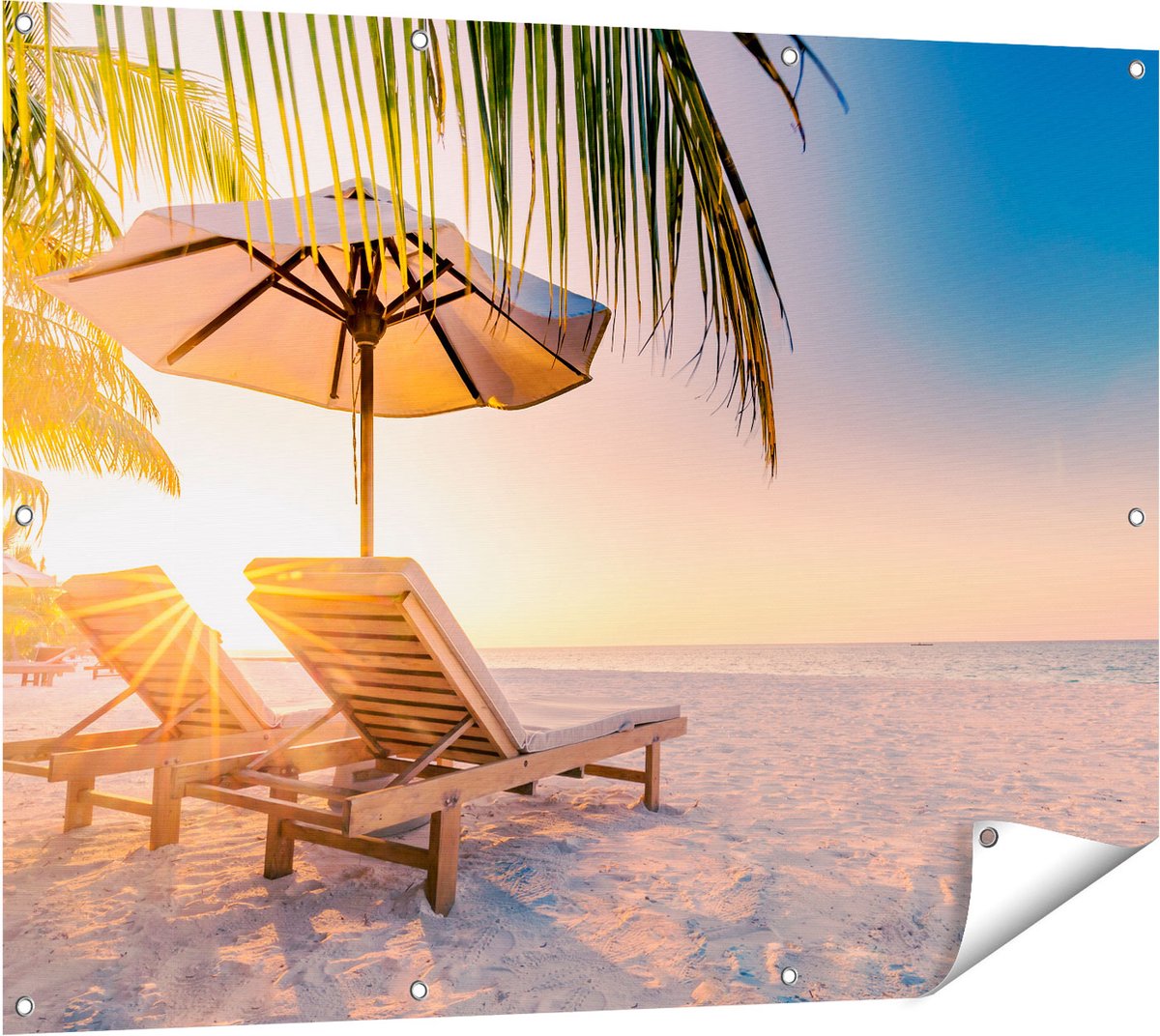 Gards Tuinposter Tropisch Strand tijdens Zonsondergang - 120x90 cm - Tuindoek - Tuindecoratie - Wanddecoratie buiten - Tuinschilderij Multikleur