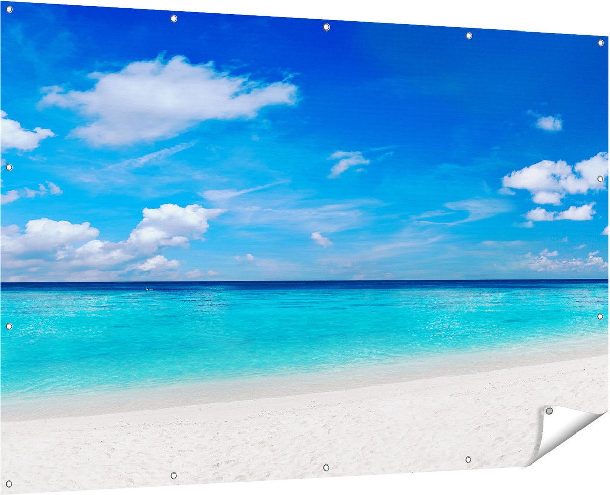 Gards Tuinposter Tropisch Strand met een Palmboom - 180x120 cm - Tuindoek - Tuindecoratie - Wanddecoratie buiten - Tuinschilderij Multikleur