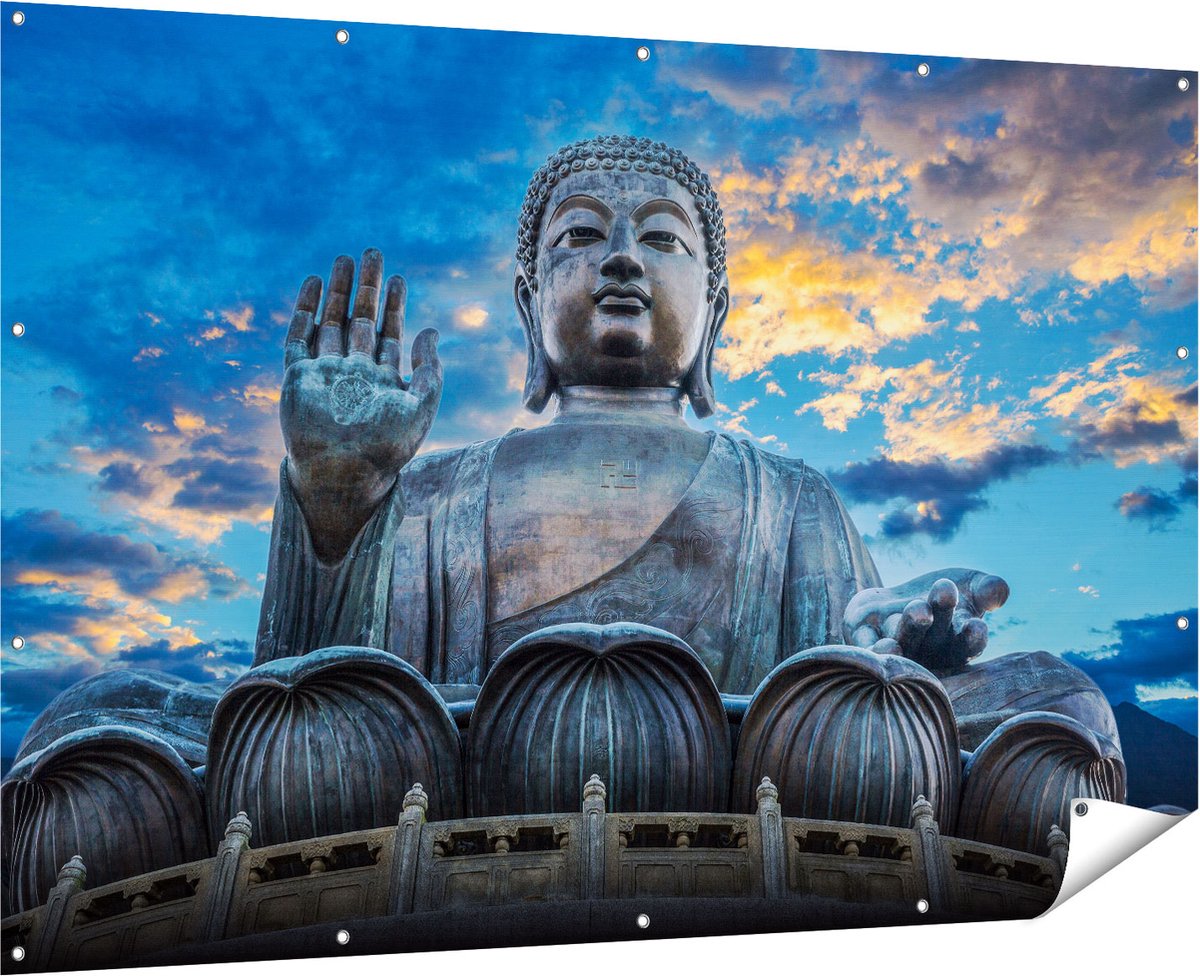Gards Tuinposter Boeddha Beeld bij een Tempel - 180x120 cm - Tuindoek - Tuindecoratie - Wanddecoratie buiten - Tuinschilderij Multikleur
