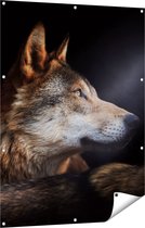 Gards Tuinposter Wolvenkop met een Zonnestraal - Wolf - 90x120 cm - Tuindoek - Tuindecoratie - Wanddecoratie buiten - Tuinschilderij