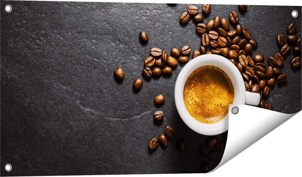 Gards Tuinposter Kopje Koffie met Koffiebonen - 80x40 cm - Tuindoek - Tuindecoratie - Wanddecoratie buiten - Tuinschilderij Multikleur
