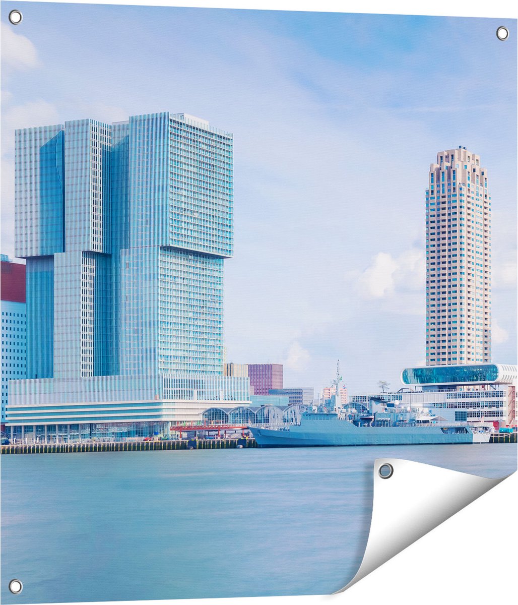 Gards Tuinposter Rotterdamse Skyline aan het Water - 70x70 cm - Tuindoek - Tuindecoratie - Wanddecoratie buiten - Tuinschilderij Multikleur