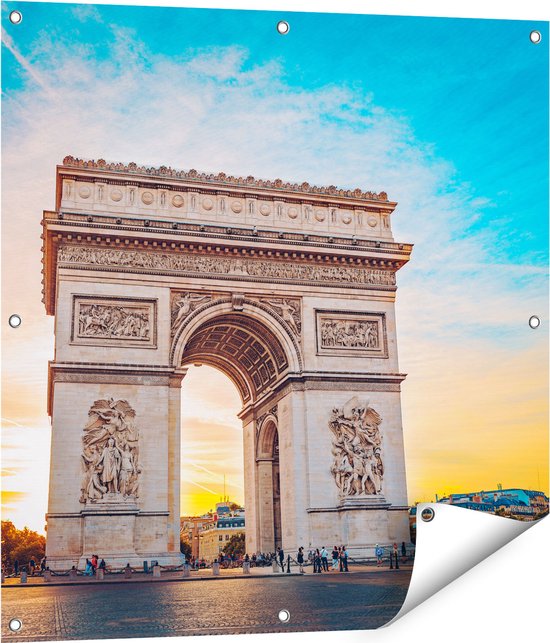 Gards Tuinposter Arc de Triomphe in Parijs met Zonsondergang - 80x80 cm - Tuindoek - Tuindecoratie - Wanddecoratie buiten - Tuinschilderij