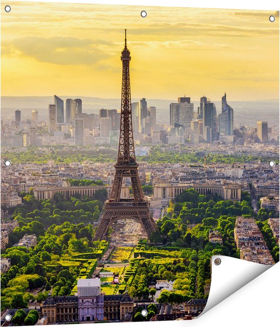 Gards Tuinposter Skyline van Parijs met de Eiffeltoren - 80x80 cm - Tuindoek - Tuindecoratie - Wanddecoratie buiten - Tuinschilderij