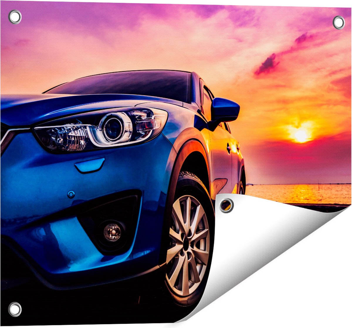 Gards Tuinposter Blauwe Sportwagen Auto bij Zonsondergang - 50x40 cm - Tuindoek - Tuindecoratie - Wanddecoratie buiten - Tuinschilderij Multikleur