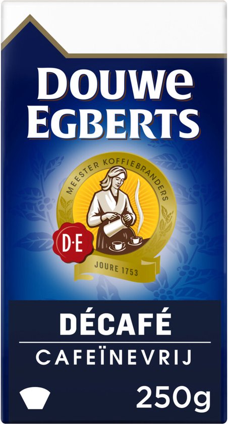 Blauwe doos Douwe Egberts Décafé koffie 250g met medaillon van een vrouw die koffie schenkt.