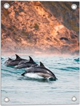 Tuinposter – Drie Synchroon Zwemmende Dolfijnen in de Zee - 30x40 cm Foto op Tuinposter (wanddecoratie voor buiten en binnen)