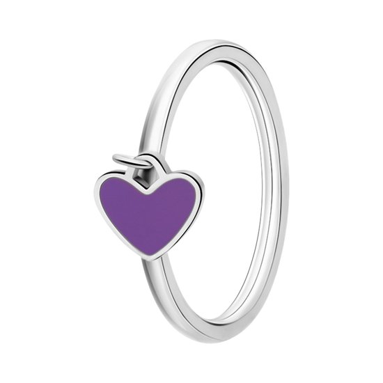 Lucardi Kinder Stalen ring met hart emaille violet - Ring - Staal - Zilverkleurig - 16 / 50 mm