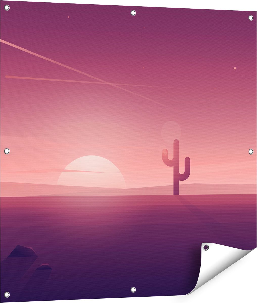 Gards Tuinposter Zonsondergang in de Woestijn met een Cactus - 90x90 cm - Tuindoek - Tuindecoratie - Wanddecoratie buiten - Tuinschilderij Multikleur