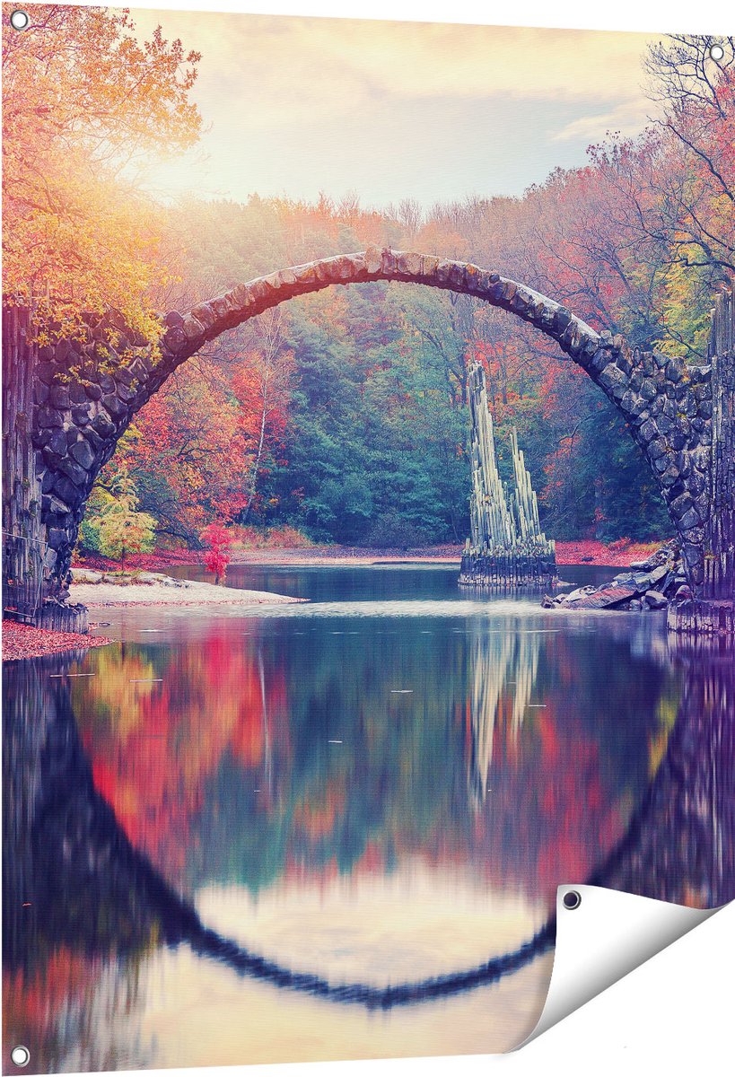 Gards Tuinposter Rakotz Brug in Duitsland in de Herfst - 80x100 cm - Tuindoek - Tuindecoratie - Wanddecoratie buiten - Tuinschilderij Multikleur
