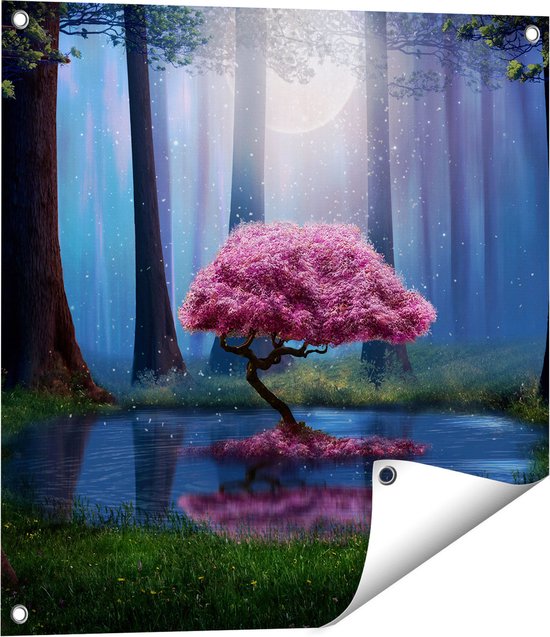Gards Tuinposter Roze Boom op een Vijver in de Nacht - 60x60 cm - Tuindoek - Tuindecoratie - Wanddecoratie buiten - Tuinschilderij
