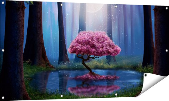 Gards Tuinposter Roze Boom op een Vijver in de Nacht - 140x70 cm - Tuindoek - Tuindecoratie - Wanddecoratie buiten - Tuinschilderij