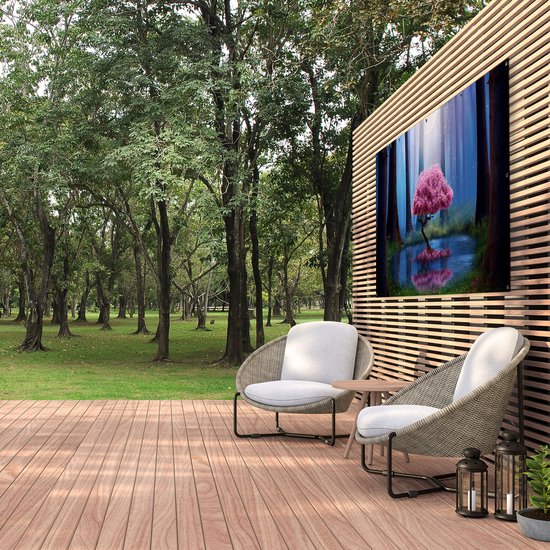 Gards Poster de jardin Arbre rose sur un étang la nuit - 200x100 cm - Toile de jardin - Décoration de jardin - Décoration murale extérieur - Tableau de jardin