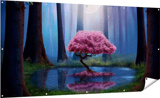 Gards Tuinposter Roze Boom op een Vijver in de Nacht - 200x100 cm - Tuindoek - Tuindecoratie - Wanddecoratie buiten - Tuinschilderij
