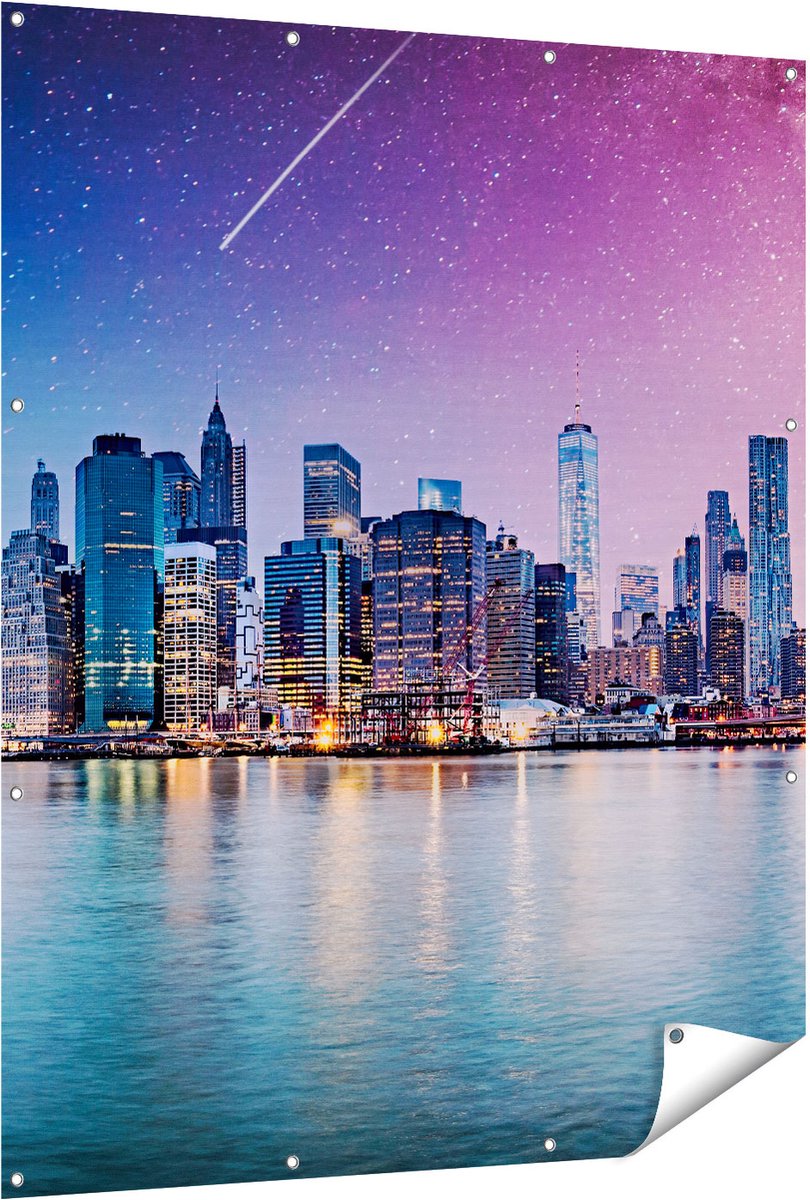 Gards Tuinposter New York Skyline met een Kleurrijke Hemel - 120x150 cm - Tuindoek - Tuindecoratie - Wanddecoratie buiten - Tuinschilderij Multikleur