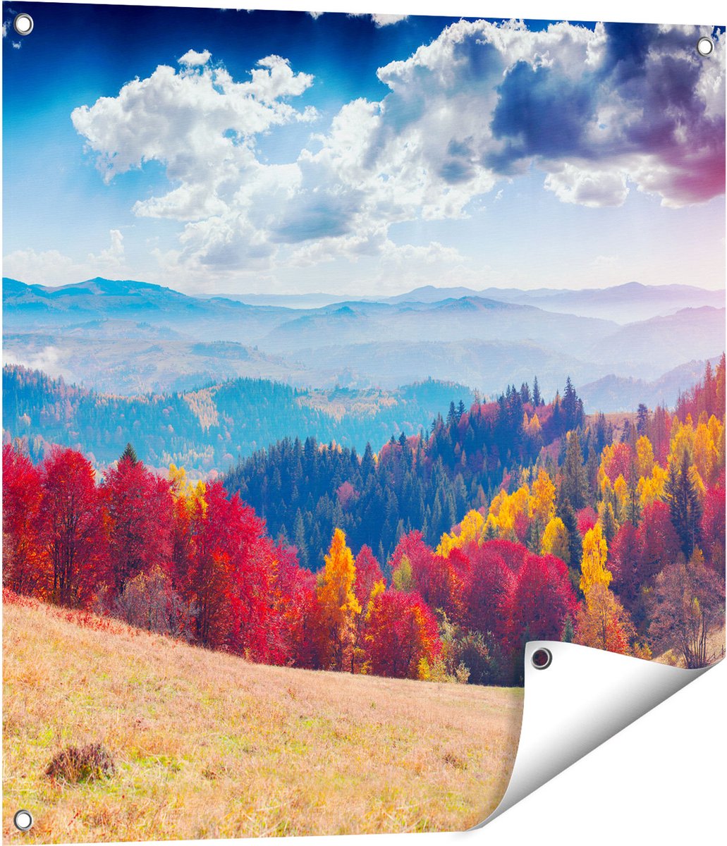 Gards Tuinposter Kleurrijke Herfstbos met Heuvellandschap - 70x70 cm - Tuindoek - Tuindecoratie - Wanddecoratie buiten - Tuinschilderij Multikleur