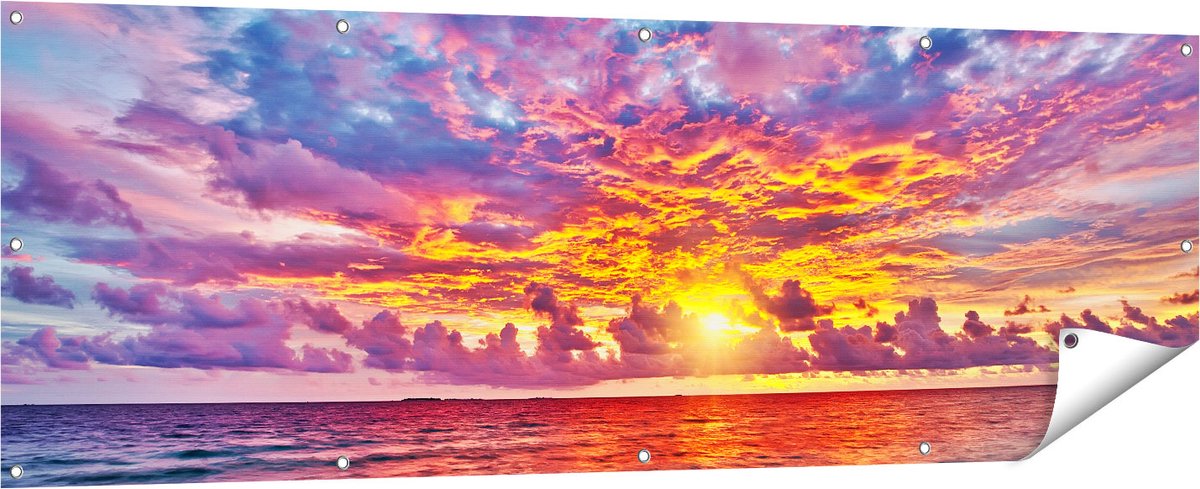 Gards Tuinposter Zonsondergang op het Strand in de Malediven - 180x60 cm - Tuindoek - Tuindecoratie - Wanddecoratie buiten - Tuinschilderij Multikleur