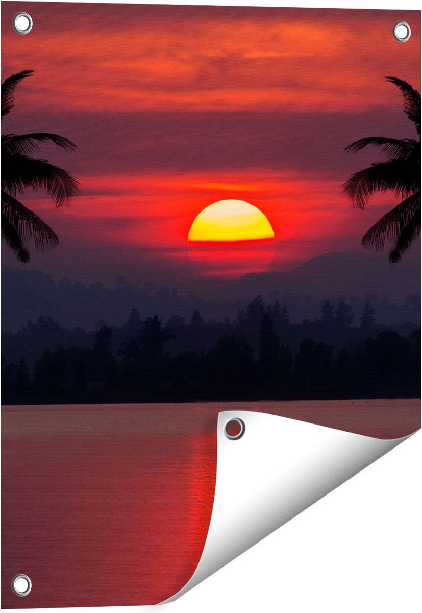 Gards Tuinposter Zonsondergang op het Strand met Palmbomen - 40x50 cm - Tuindoek - Tuindecoratie - Wanddecoratie buiten - Tuinschilderij Multikleur