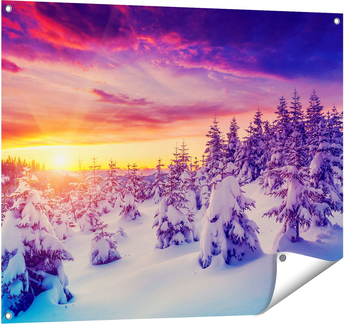 Gards Tuinposter Zonsondergang in het Sneeuw Bos - 100x80 cm - Tuindoek - Tuindecoratie - Wanddecoratie buiten - Tuinschilderij Multikleur