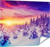 Gards Tuinposter Zonsondergang in het Sneeuw Bos - 100x80 cm - Tuindoek - Tuindecoratie - Wanddecoratie buiten - Tuinschilderij