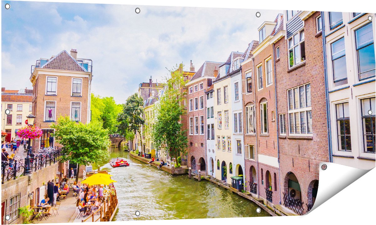 Gards Tuinposter Huizen aan de Oudegracht in Utrecht - 140x70 cm - Tuindoek - Tuindecoratie - Wanddecoratie buiten - Tuinschilderij Multikleur