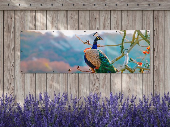 Affiche de jardin du Gards Paon dans les Arbres - 180x60 cm - Toile de jardin - Décoration de jardin - Décoration murale extérieure - Tableau de jardin