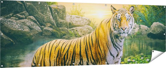 Gards Tuinposter Luipaard in een Vijver bij Zonsondergang - 210x70 cm - Tuindoek - Tuindecoratie - Wanddecoratie buiten - Tuinschilderij