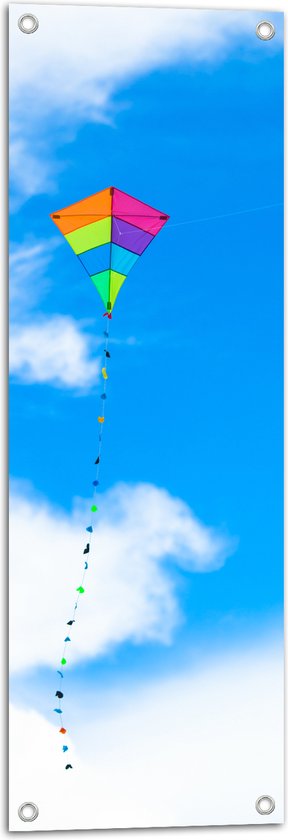 Tuinposter – Foto van Kleurrijke Vlieger onder Schapenwolken - 30x90 cm Foto op Tuinposter (wanddecoratie voor buiten en binnen)