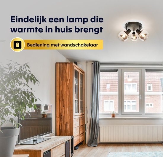 Woonkamer met zwarte plafondlamp met drie spots, boven een loungebank.