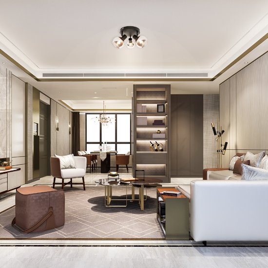 Moderne woonkamer met een zwart plafondlicht met drie glazen bollen.