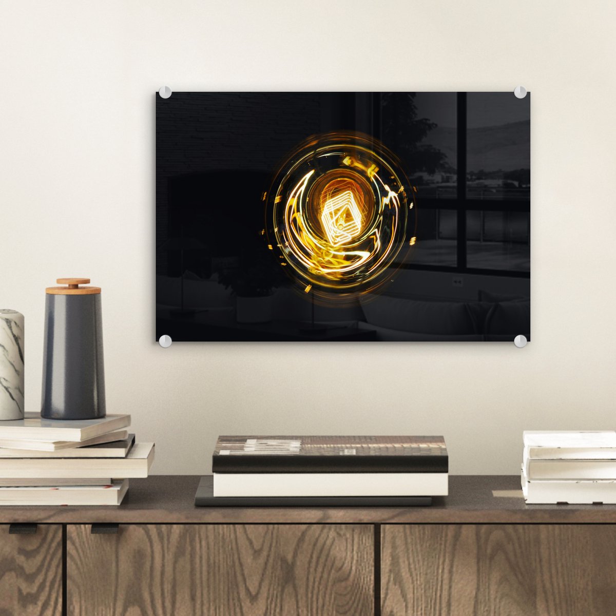 Glasschilderij zwart goud - Gloeilamp - Goud - Zwart - Luxe - 30x20 cm - Schilderij glas -