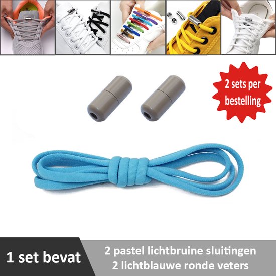 2 paar lichtblauwe ronde elastische veters met pastel lichtbruine sluitingen. Je hoeft voortaan nooit meer je veters te strikken