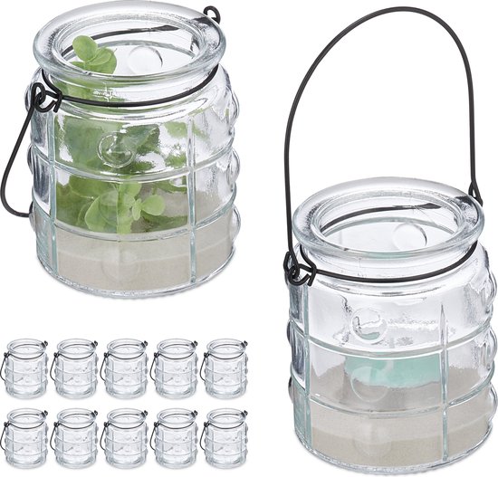 Lanterne Relaxdays avec poignée - lot de 12 - photophore outdoor - verre transparent