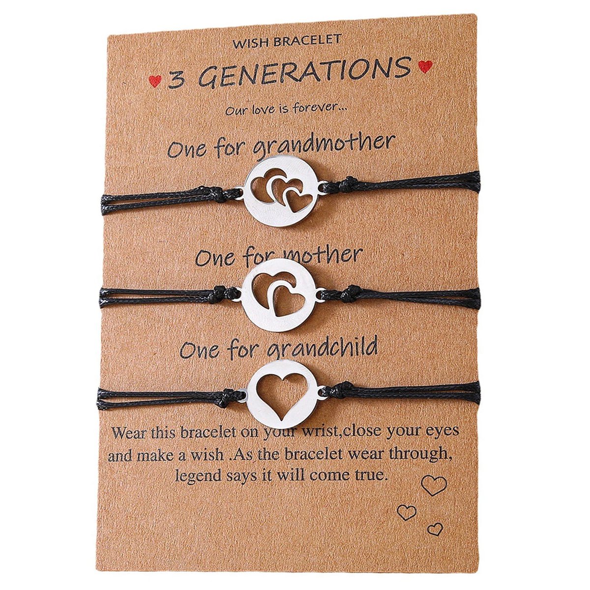 Moeder Dochter Armband voor 3 met Hartjes - Voor Mama/Oma/Dochter - Zilverkleurig met Zwarte Bandjes - Moeder Dochter Sieraden Cadeau - Pax Amare
