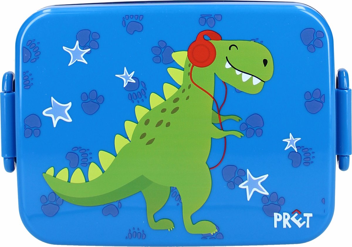Pret Dino broodtrommel/lunchbox voor kinderen - blauw - kunststof - 16 x 13 cm