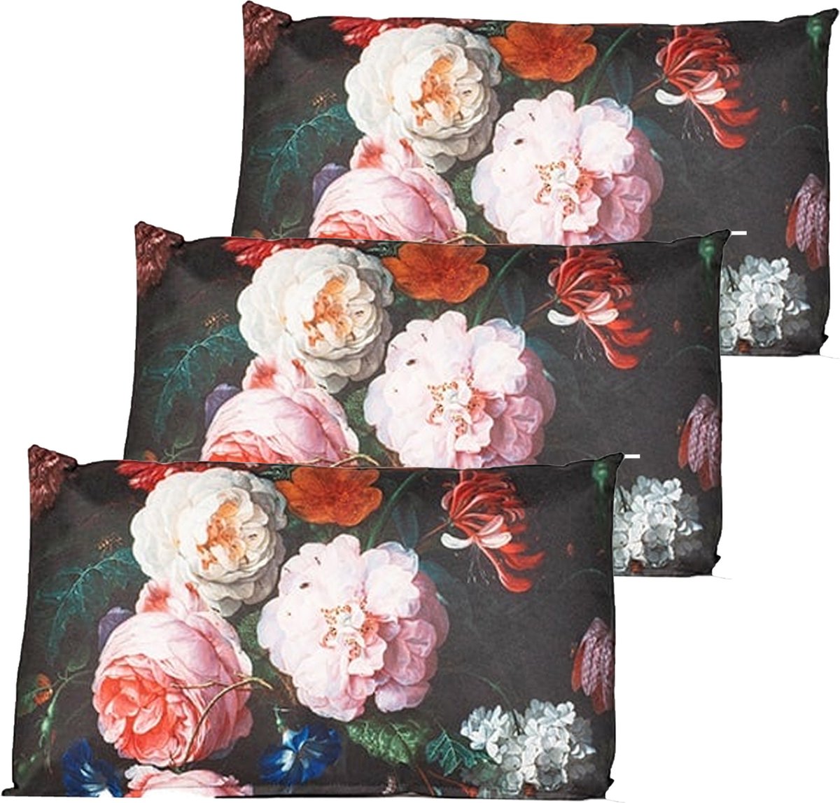 Anna's collection buitenkussen bloem - 3x - Zwart/roze - 30 x 50 cm - Water en UV bestendig