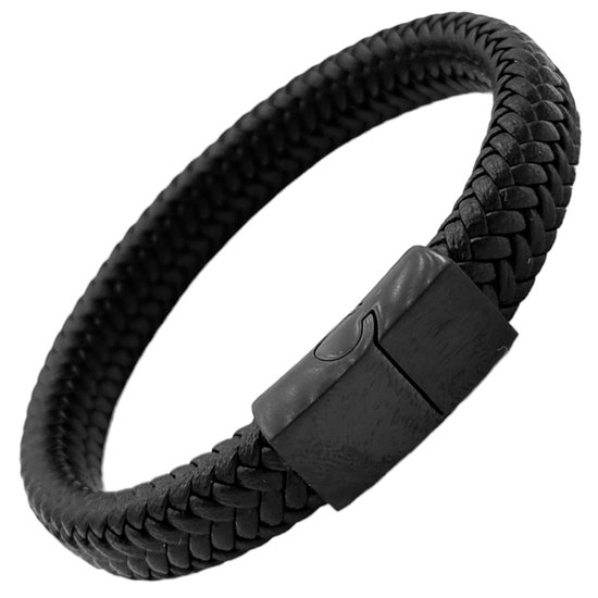 Rhylane – Maat L / 21 cm - Gevlochten Heren Armband - Leer & Staal – Zwart