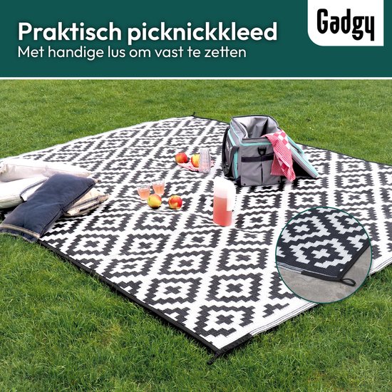 Gadgy Buitenkleed Vloerkleed Buiten XXL - 270x200 cm - Tuintapijt Dubbelzijdig - Picknickkleed Zwart Wit - Buitentapijt - Gadgy