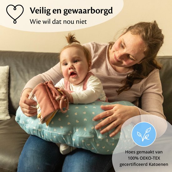 Ella Voedingskussen met hoes van 100% katoen - Zwangerschapskussen - Inclusief afneembare en wasbare hoes - Blauw met witte hartjes - Ella