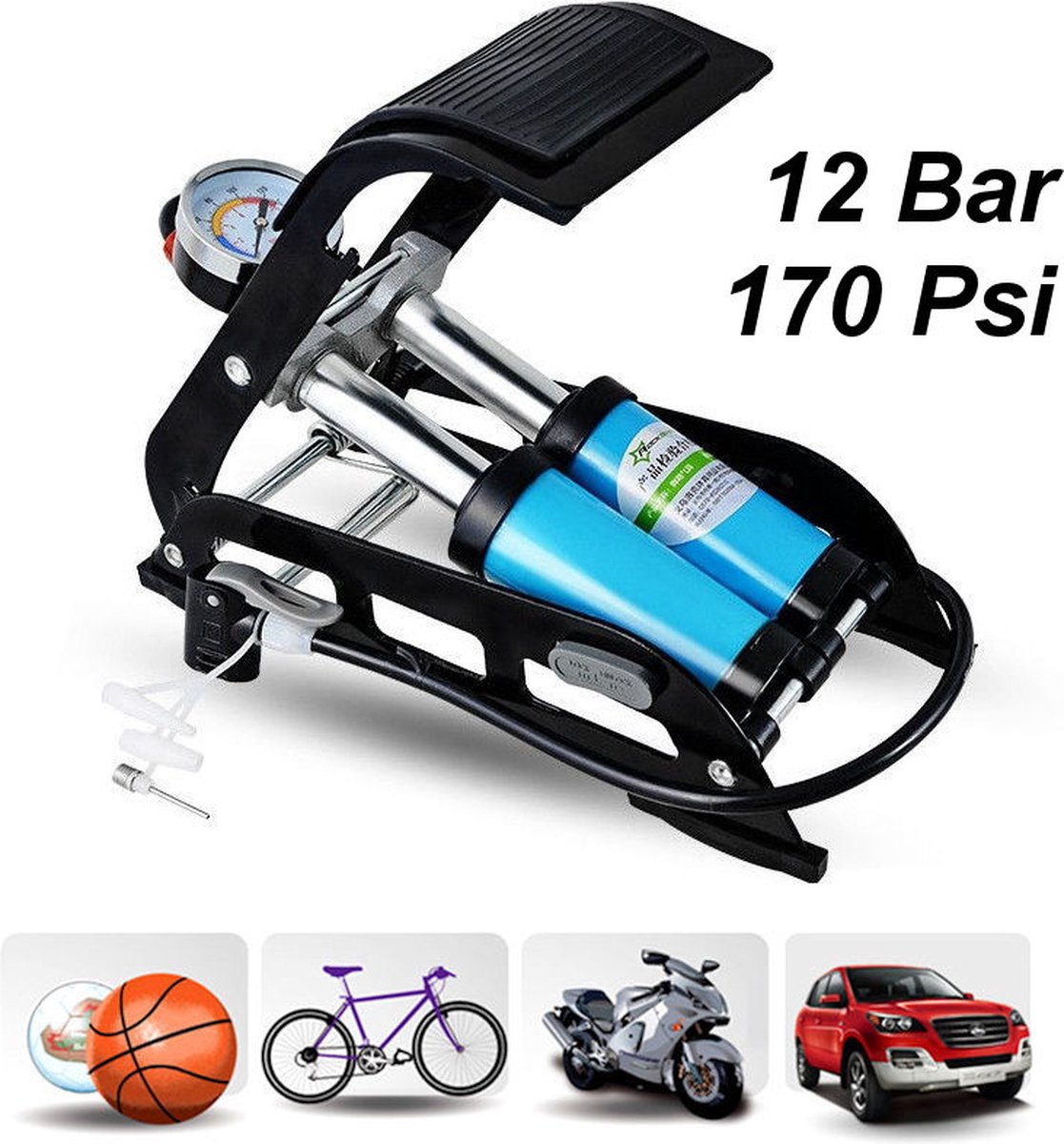 Decopatent® PRO Voetpomp - Fietspomp met drukmeter 170 Psi - Dubbele Cilinder en Manometer - Autobanden - Fietsenband - Motorband
