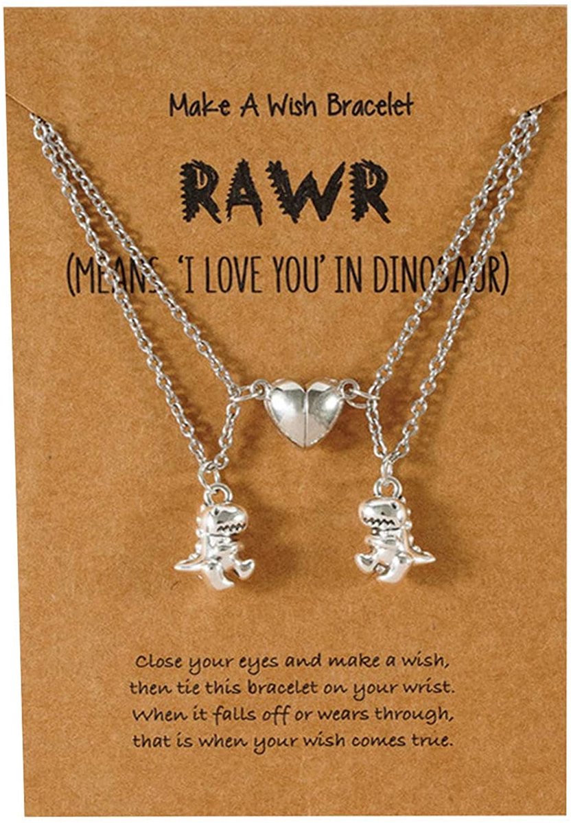 BFF Ketting voor 2 met Dino en Magneet Hartje Zilverkleurig - Dinosaurus Vriendschapsketting met Cadeau kaartje - Pax Amare
